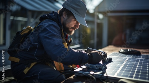 A technician performing diagnostics on solar panels with a laptop