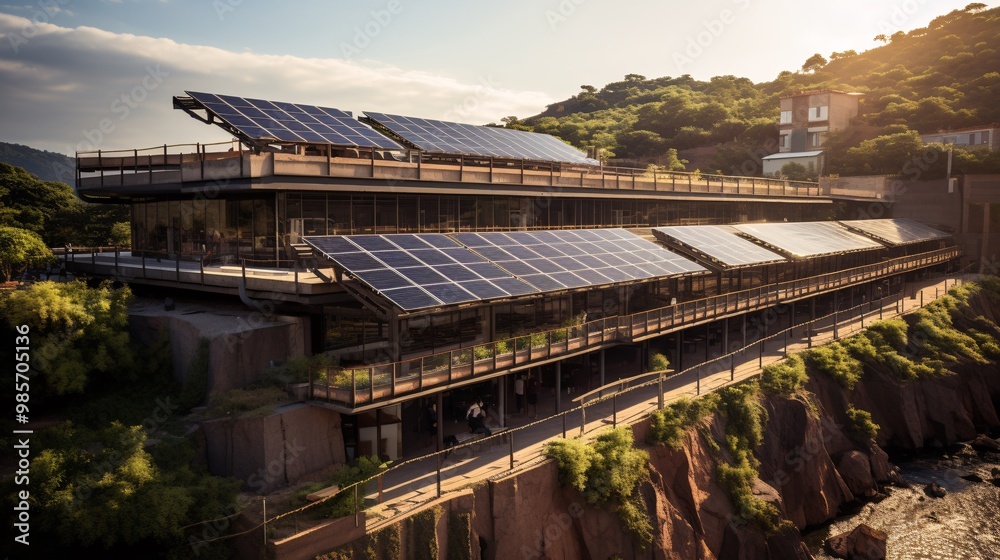 Solar panels on the roof of a cultural center, supporting sustainable arts Solar panels on the roof of a cultural center, supporting sustainable arts