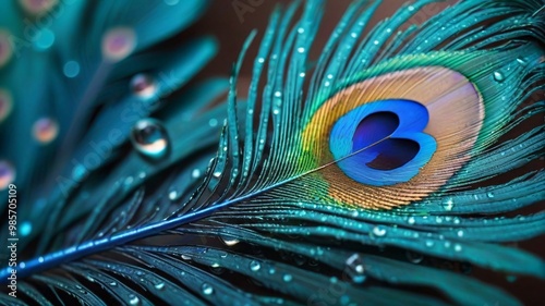 Close-up of a peacock feather with water droplets.