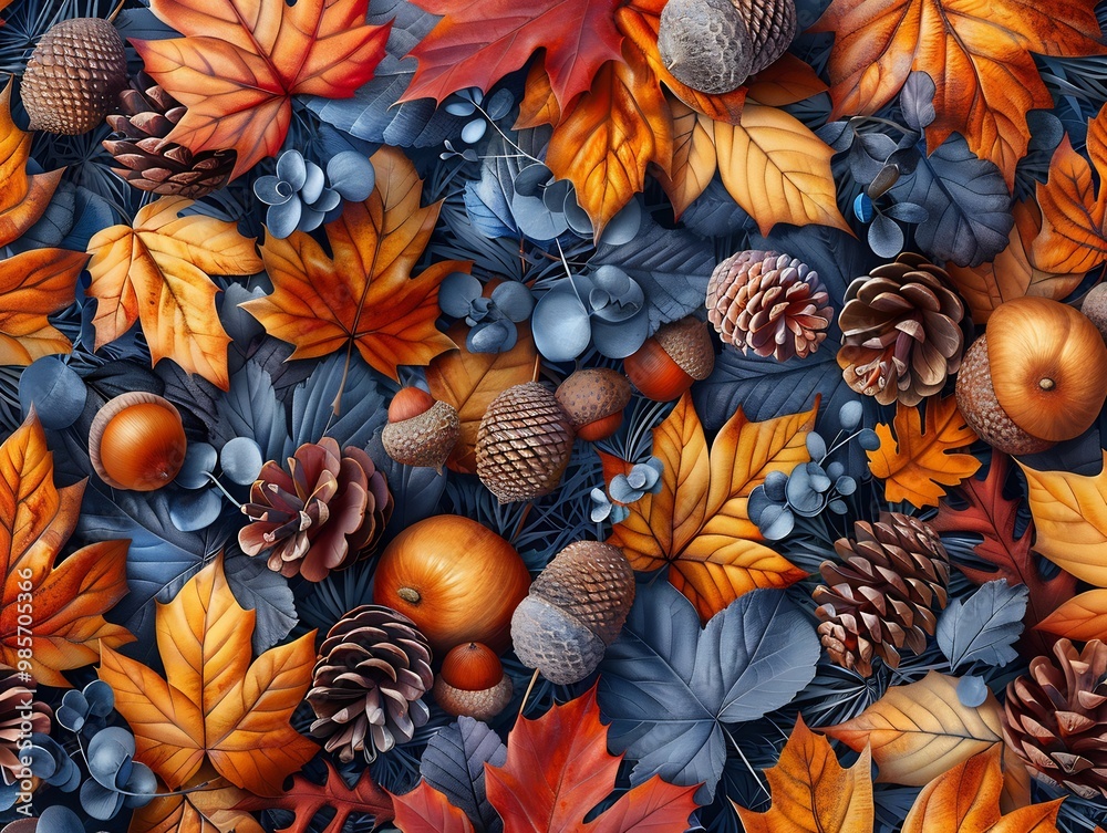 Seamless pattern of autumnal foliage in rich warm tones with leaves acorns and pine cones arranged neatly for seasonal designs Seamless pattern of autumnal foliage in rich warm tones with leaves acorns and pine cones arranged neatly for seasonal designs