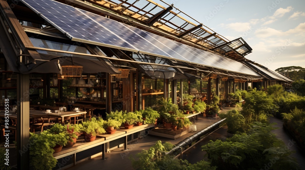 Solar panels on the roof of a restaurant, showcasing sustainable dining Solar panels on the roof of a restaurant, showcasing sustainable dining