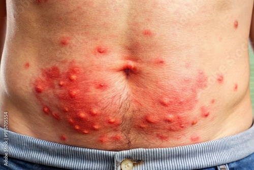 Inflammation and redness characterize this close-up of a rash affecting the lower abdominal skin, with raised edges and photo