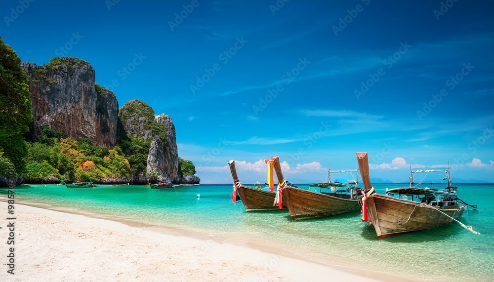 Fototapeta premium Boats at the beauty beach with limestone cliff and crystal clear water in Thailand