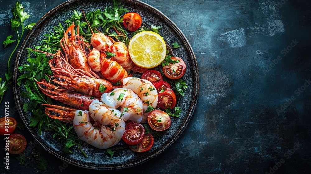 Seafood plate featuring lobster, prawns, calamari, fish, and lemon on a dark black table, vibrant colors, hyper-realistic, minimalistic, with copy space, cinematic lighting Seafood plate featuring lobster, prawns, calamari, fish, and lemon on a dark black table, vibrant colors, hyper-realistic, minimalistic, with copy space, cinematic lighting