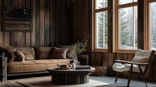 Cozy lounge area with wooden walls featuring a rustic coffee table, chair, and couch