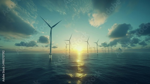 Alternative and clean energy: Offshore windmills featuring a colorful sunset in the background, with a bottom view