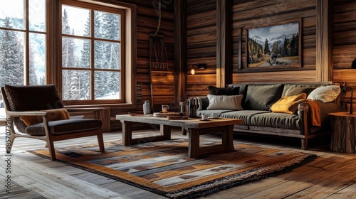 Cozy lounge area with wooden walls featuring a rustic coffee table, chair, and couch