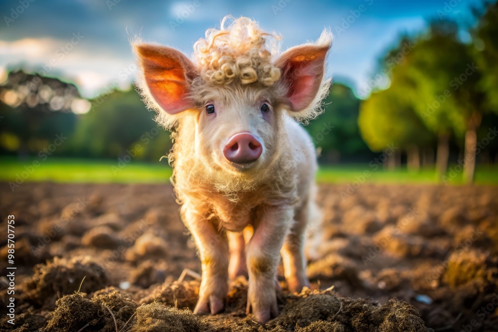 Fototapeta premium In the heart of a sunny farm, a chubby piglet with curly locks stands tall in a lush