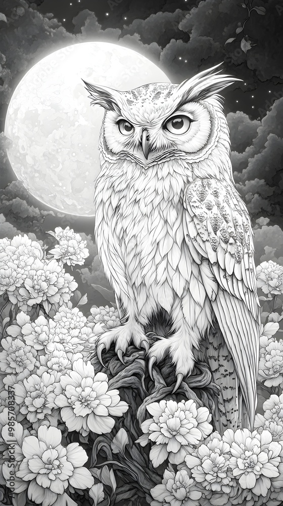 Fototapeta premium A majestic owl perches on a branch, bathed in the soft glow of the moon, with a backdrop of delicate flowers. The detail of its feathers and the moon's radiance create a captivating scene.