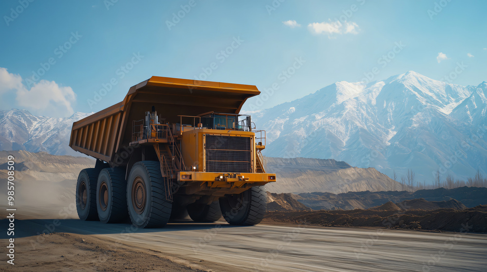 Large yellow mining dump truck transporting ore in open pit mine Large yellow mining dump truck transporting ore in open pit mine