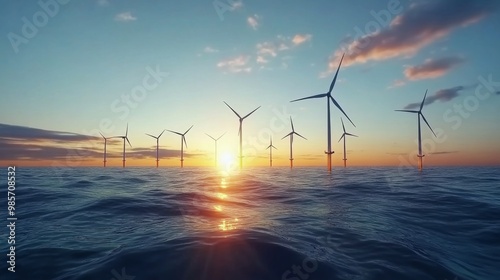 Alternative and clean energy: wind turbines in the open sea at sunset, with a bottom view.