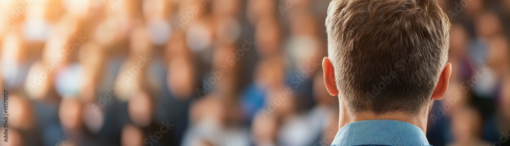 Obraz premium A speaker addresses a large audience, emphasizing connection and engagement in a professional setting.