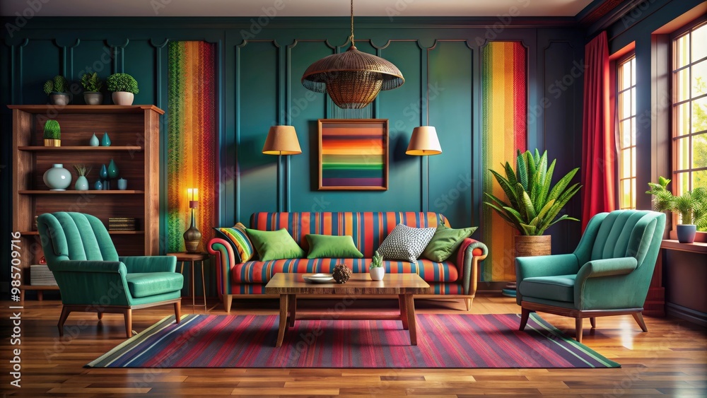 Dark and colorful Mexican style living room with retro furniture, perfect for a unique and vibrant home interior Dark and colorful Mexican style living room with retro furniture, perfect for a unique and vibrant home interior