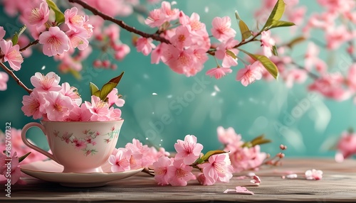 Cozy spring vibes with pink cherry blossoms and a tea mug, creating a serene floral atmosphere in a soothing background photo