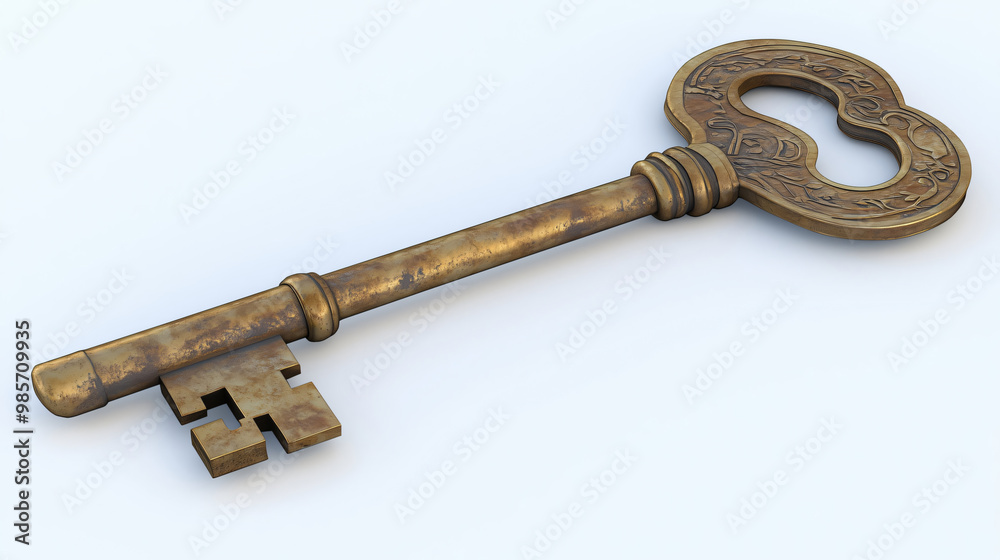 Old ornate key resting on white background Old ornate key resting on white background