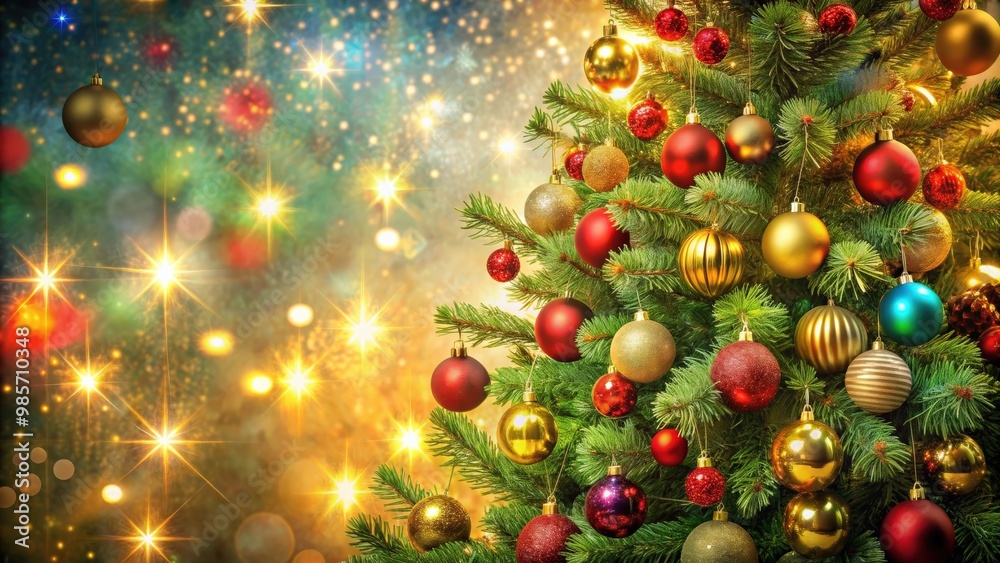 Vibrant and festive Christmas background with a wide-angle view of sparkling lights, ornaments, and a beautifully decorated tree Vibrant and festive Christmas background with a wide-angle view of sparkling lights, ornaments, and a beautifully decorated tree