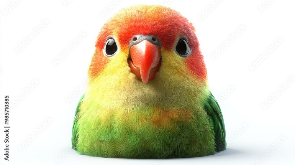 Obraz premium A colorful 3D emoji of a lovebirdâ€™s face, with A colorful 3D emoji of a lovebird's face, with vibrant green and red feathers, looking cute and joyful, on a white backdrop 
