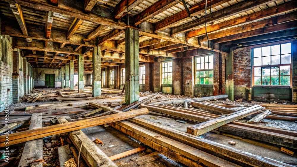 Decaying wood beams in an abandoned building Decaying wood beams in an abandoned building