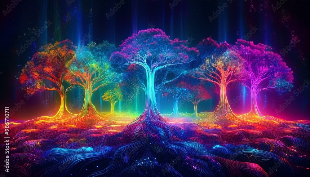 A dreamlike forest of glowing neon trees with rainbow roots, symbolizing the fusion of nature and imagination. beauty in nature fantasy A dreamlike forest of glowing neon trees with rainbow roots, symbolizing the fusion of nature and imagination. beauty in nature fantasy