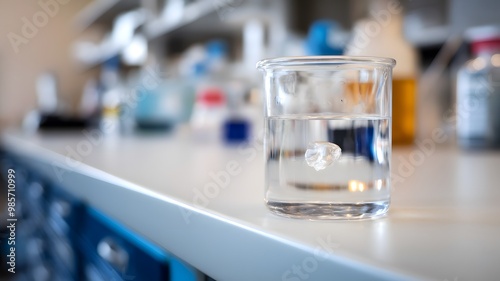 Close-up of glass beaker with clear liquid and floating indicator showing high lead levels, set on white countertop with copy space for text or design.