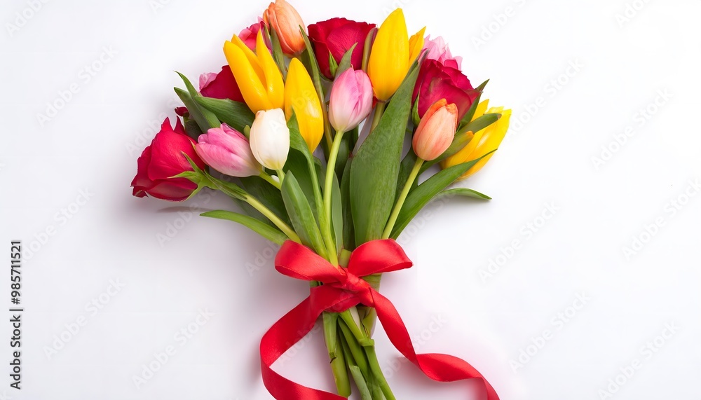 A vibrant bouquet of roses and tulips tied with a ribbon on a white background