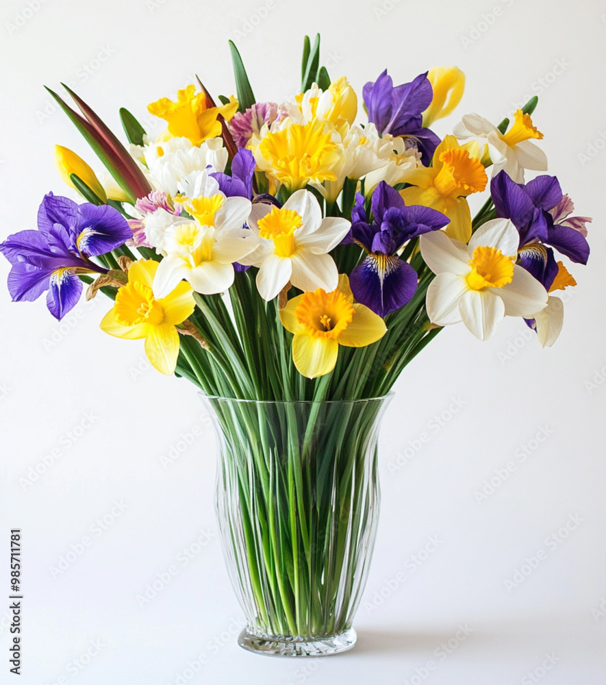 A vase with purple, yellow, and white flowers on the table, isolated on a white background. A vase with purple, yellow, and white flowers on the table, isolated on a white background.