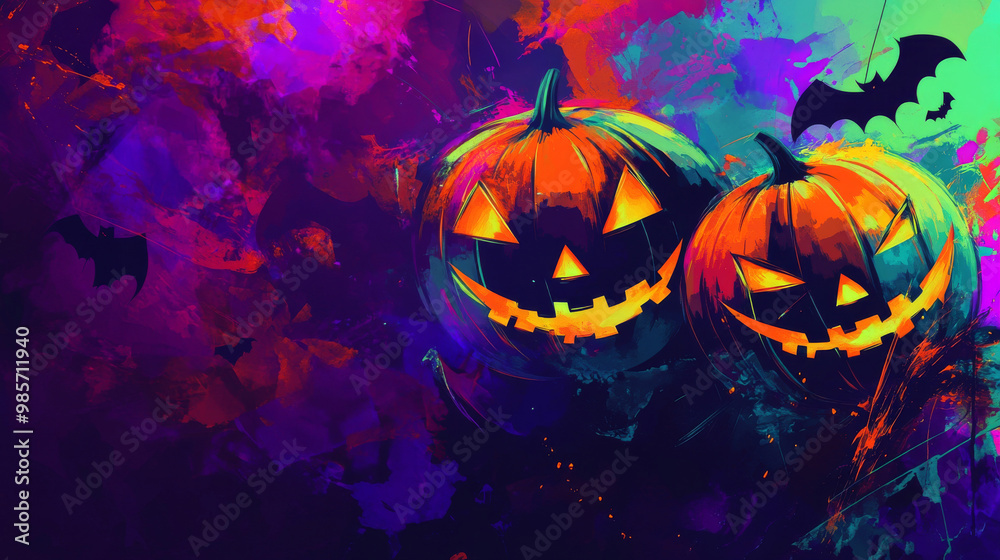 Colorful Halloween scene featuring glowing jack-o'-lanterns and flying bats, set against a vivid, abstract background with bold hues.
Colorful Halloween scene featuring glowing jack-o'-lanterns and flying bats, set against a vivid, abstract background with bold hues.