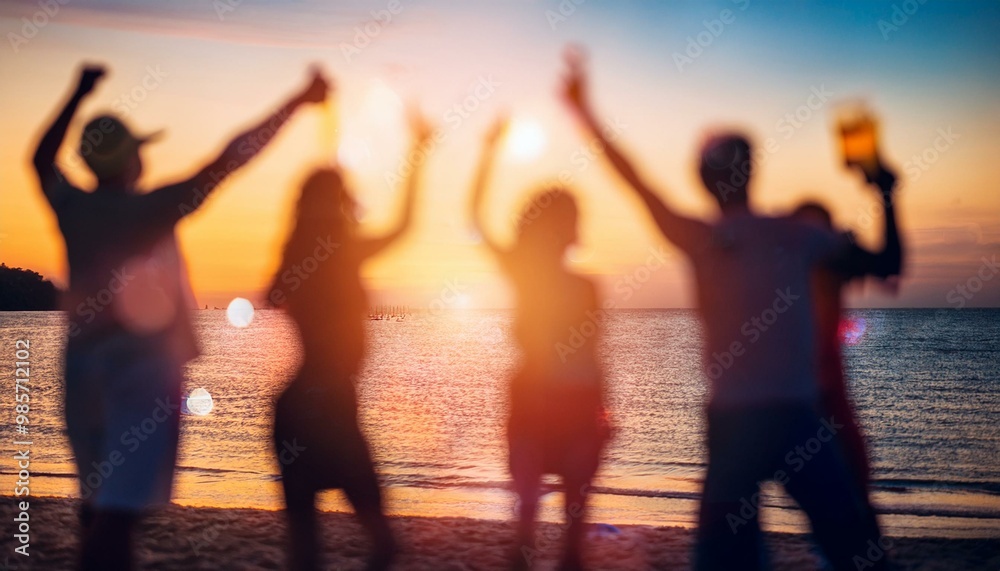 Fototapeta premium Happy young women having fun at sunset beach in summer vacation. Party at the beach in Thailand