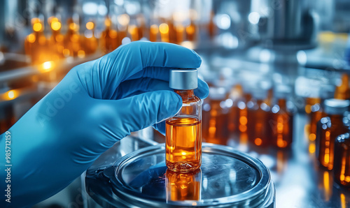 Scientist holding medical vial on production line in pharmaceutical factory