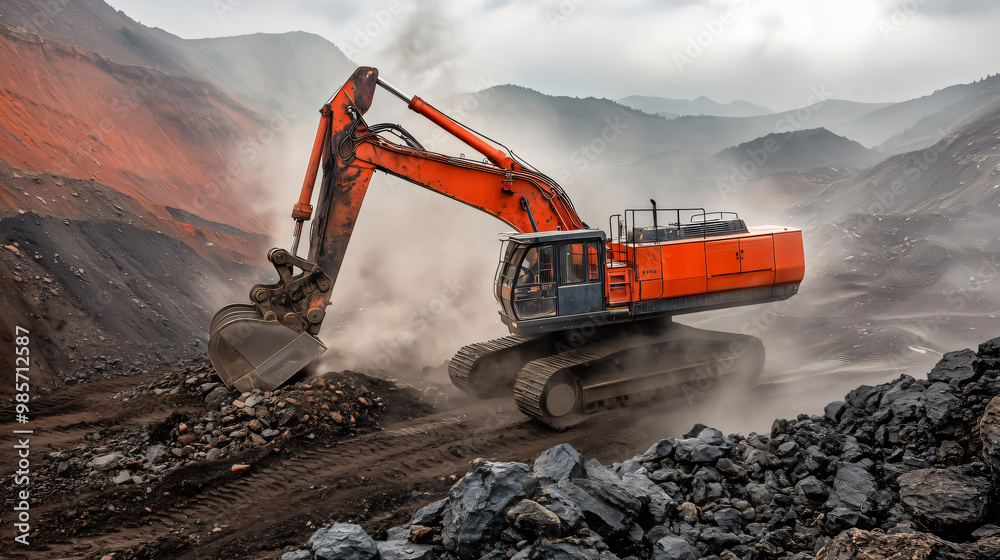 Excavator moving rocks in open pit mine in the mountains Excavator moving rocks in open pit mine in the mountains