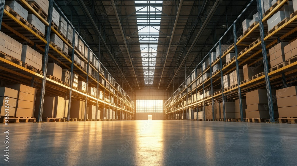 Open warehouse space with high shelving, leaving space for copy related to inventory or logistics. Open warehouse space with high shelving, leaving space for copy related to inventory or logistics.