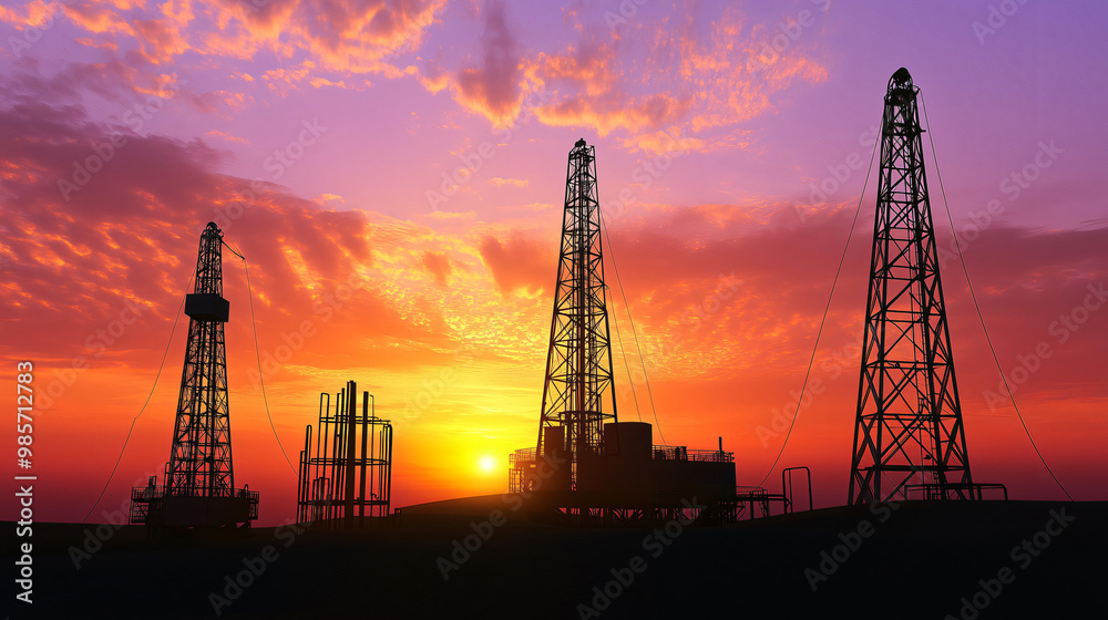 Oil derricks pumping crude oil at sunset with dramatic sky Oil derricks pumping crude oil at sunset with dramatic sky