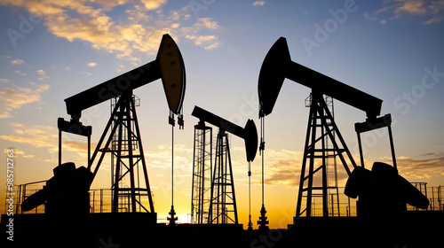 Silhouettes of oil derricks working at sunset