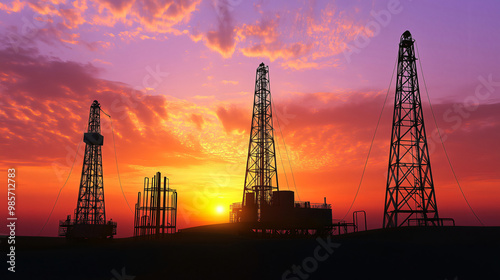 Oil derricks pumping crude oil at sunset with dramatic sky