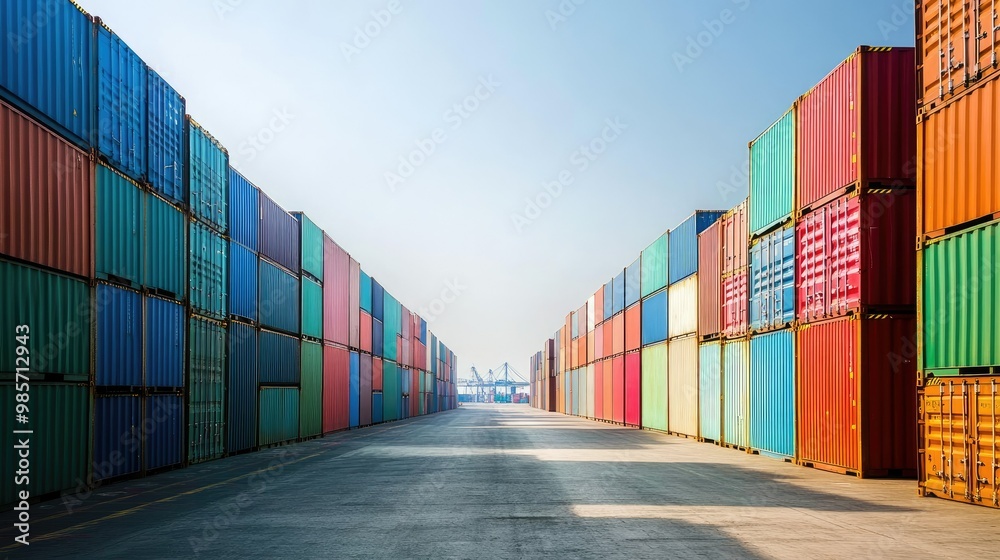 Fototapeta premium Rows of shipping containers at a port, leaving clear space for logistics content.