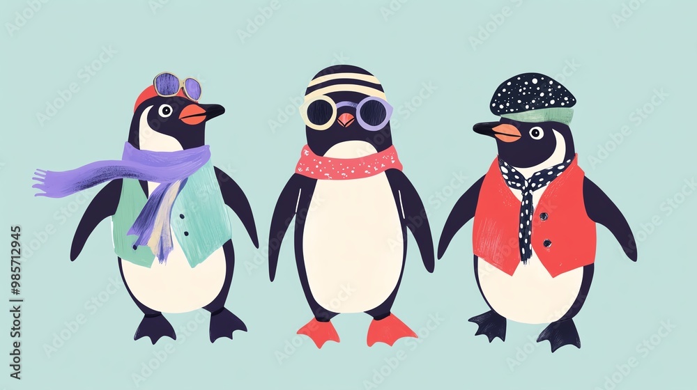 Stylish Penguins in Winter Outfits - Fun and Whimsical Cartoon Art Fashion Trend Costume Stylish Penguins in Winter Outfits - Fun and Whimsical Cartoon Art Fashion Trend Costume