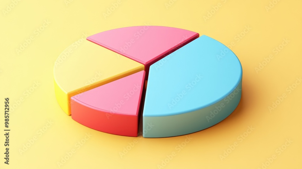 A colorful pie chart with four segments in yellow, pink, red, and blue, against a yellow background. A colorful pie chart with four segments in yellow, pink, red, and blue, against a yellow background.