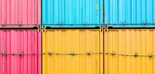 Cargo containers stacked but blocked by barbed wire and warning signs, trade blockade, global shipping halt