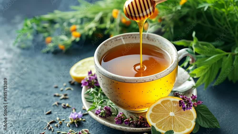 Pouring honey into herbal tea with lemon and herbs