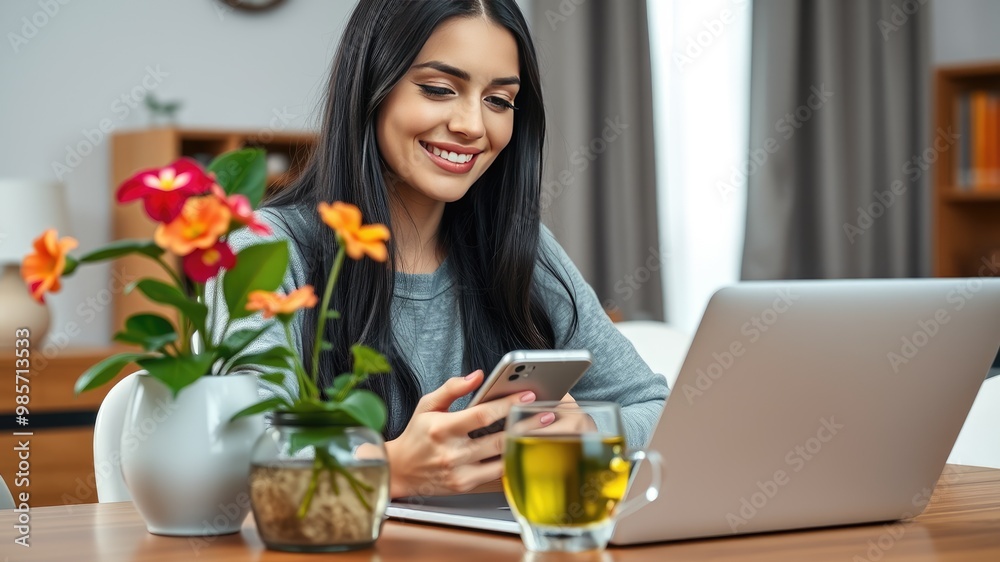 Work from home, Woman working on laptop, Digital Marketing, Smiling Woman Working from Home with Flowers and Smartphone Work from home, Woman working on laptop, Digital Marketing, Smiling Woman Working from Home with Flowers and Smartphone
