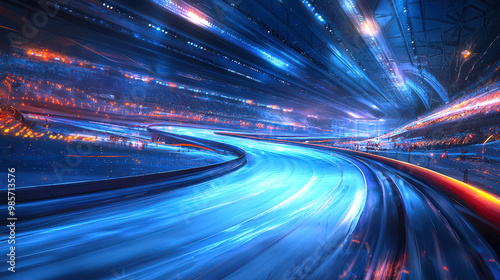 A futuristic bobsleigh track. A sports winter ice racing track. The sky is flooded with lights