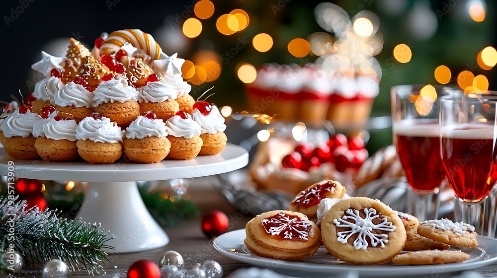 A dessert table overflows with choux pastry, cookies, and wine, ready for a Christmas celebration. A dessert table overflows with choux pastry, cookies, and wine, ready for a Christmas celebration.