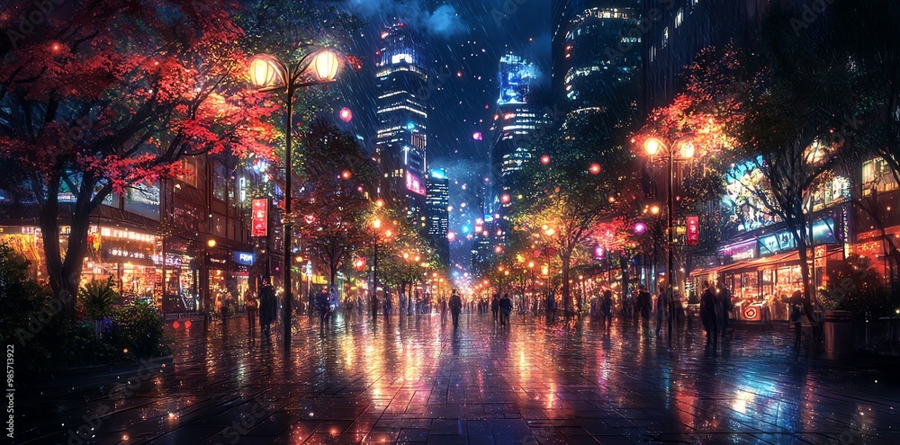A bustling city street at night, illuminated by streetlights and the glow of storefront signs, with rain falling and reflecting on the wet pavement. A bustling city street at night, illuminated by streetlights and the glow of storefront signs, with rain falling and reflecting on the wet pavement.