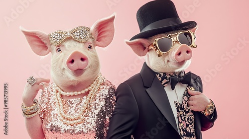 Fashion Trend Costume Stylish Pig Couple in Formal Attire on Pink Background - Fun and Whimsical Animal Art