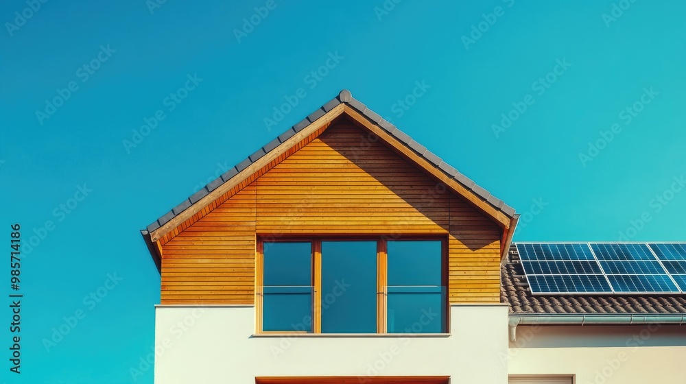 Stylish modern house with rooftop solar panels under clear blue skies, representing sustainable architecture. Room for copy space. Stylish modern house with rooftop solar panels under clear blue skies, representing sustainable architecture. Room for copy space.