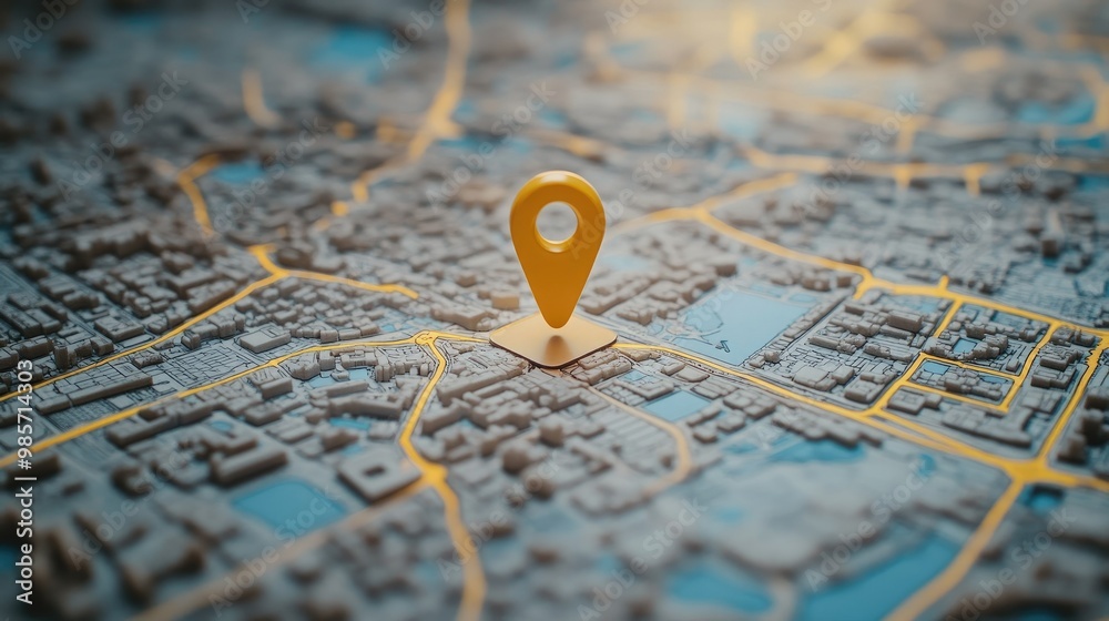 Top view of a travel map with a yellow pin indicating a marked location, surrounded by clean copy space for text. Top view of a travel map with a yellow pin indicating a marked location, surrounded by clean copy space for text.