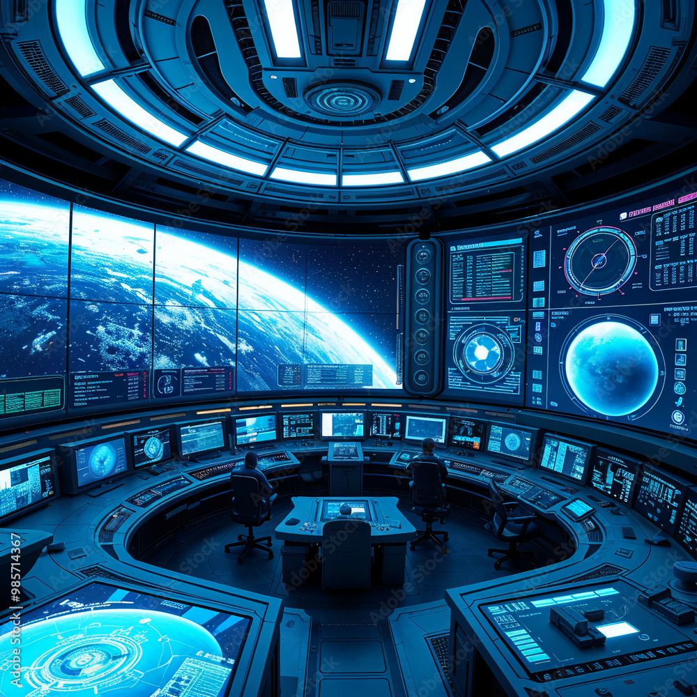 Obraz premium Space control room with advanced technology and multiple screens overlooking Earth