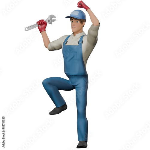 Professional Male Mechanic in 3D Animation. A male mechanic stands with one leg raised and one hand holding a large wrench. Technical