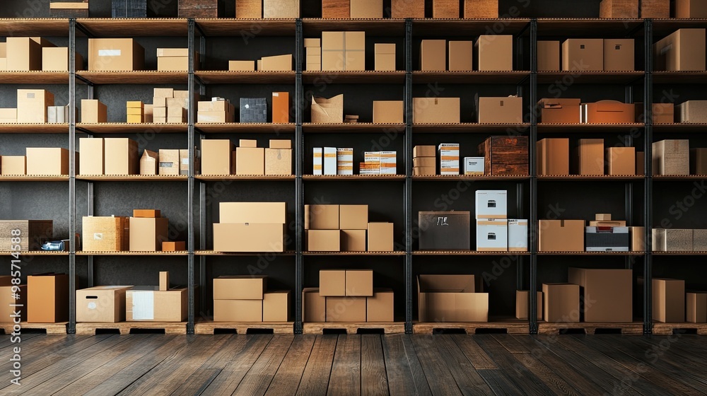 Warehouse shelves filled with boxes and goods, with space for copy or branding. Warehouse shelves filled with boxes and goods, with space for copy or branding.