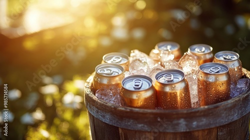 Cold Beer Cans in Wooden Bucket with Ice on Summer Day